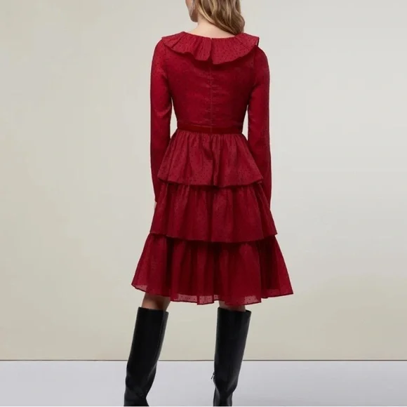Rachel Parcell Burgundy Ruffled Tiered Midi Dress Long Sleeve V-Neck Size 4 NWT - Picture 2 of 12